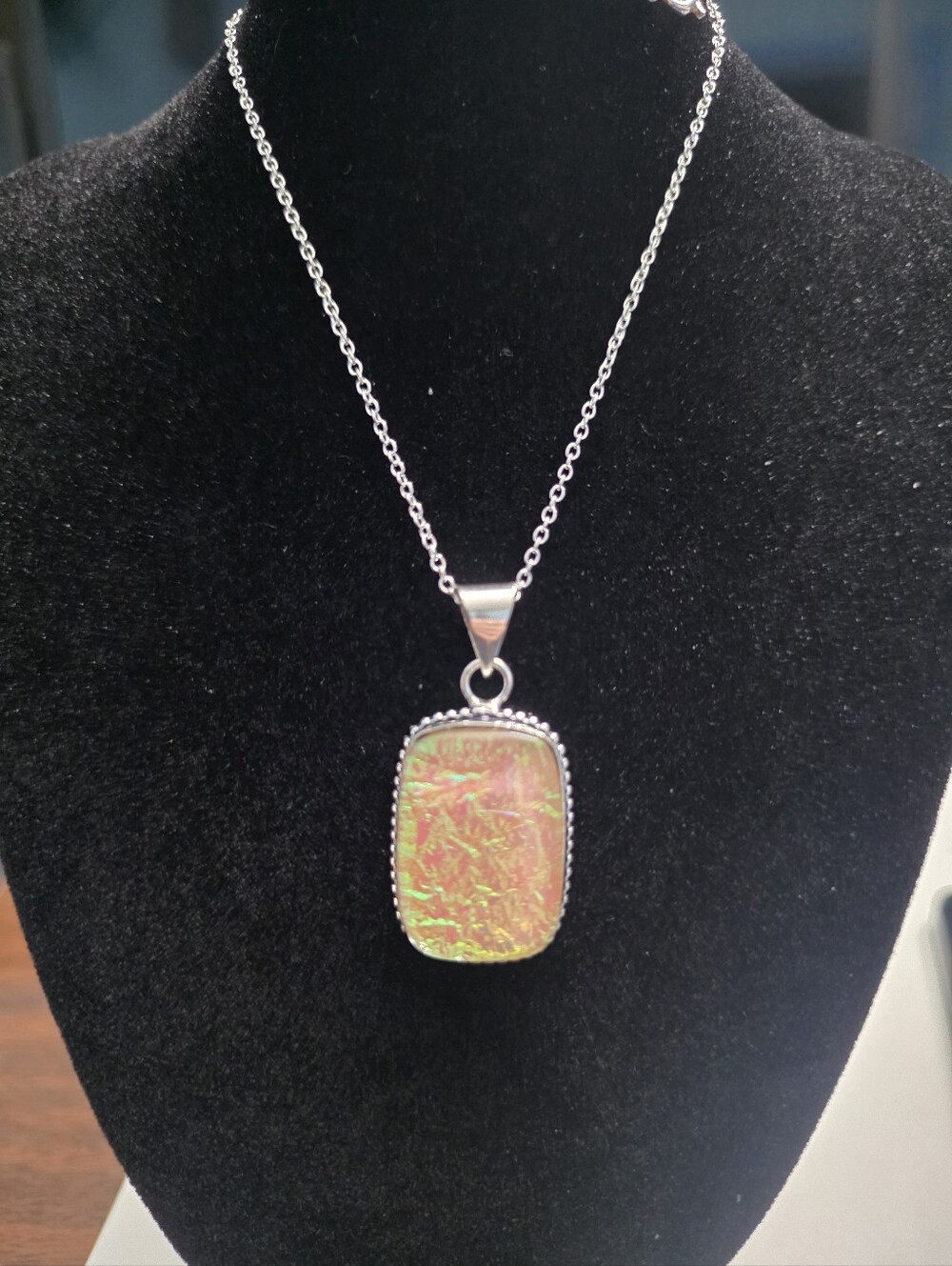 Silver Necklace with Iridescent Pink-Gold Pendant